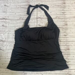 Lands End Womens Black Tankini  Halter Top Ruched Size 18W Soft Cup Shelf Bra